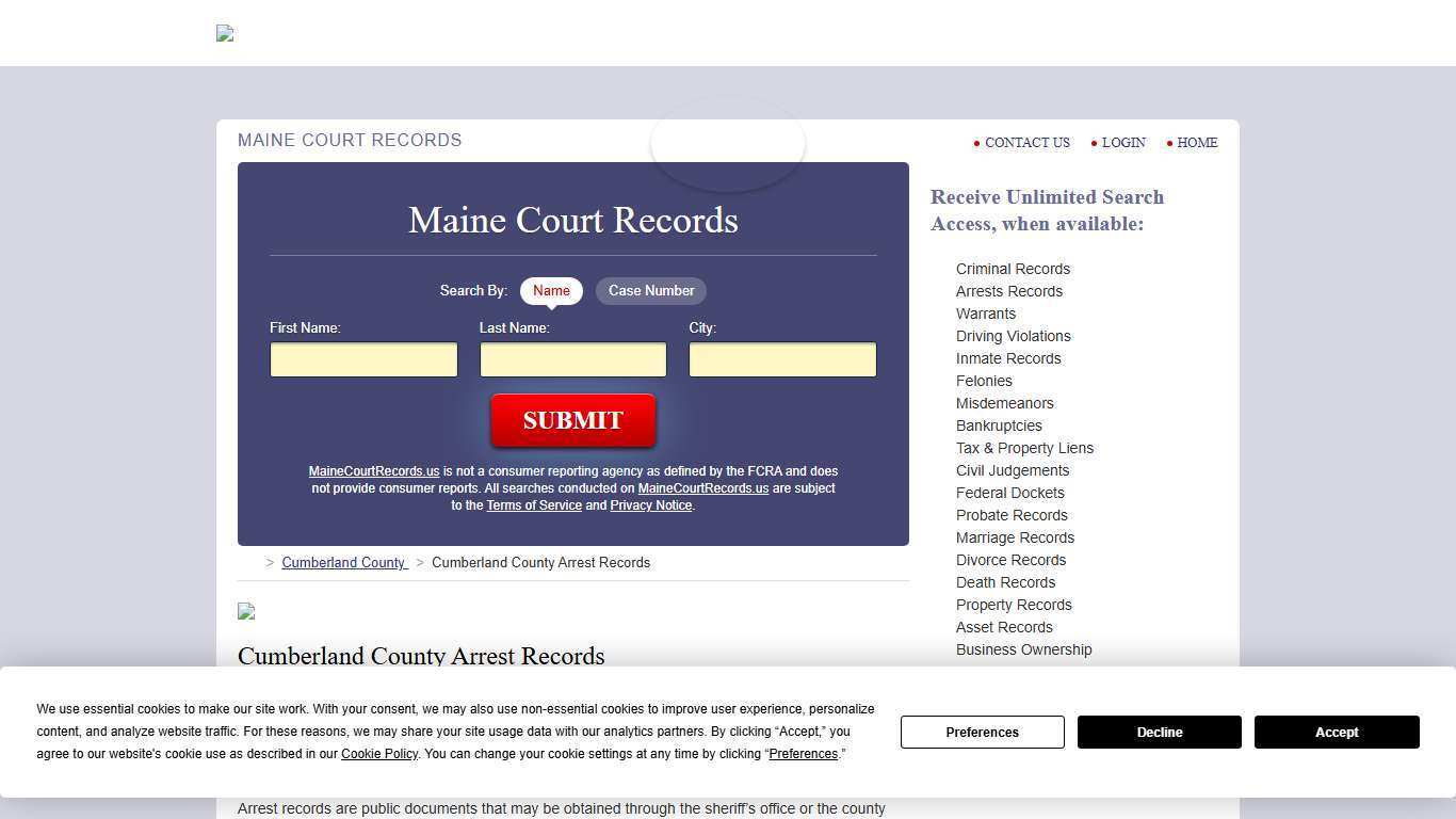 Cumberland County Arrest Records | MaineCourtRecords.us